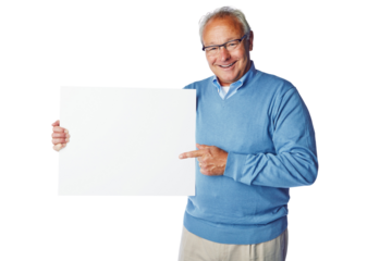 A confident cheerful senior standing and holding and pointing at a blank pla card or a banner as promoting or recommending at a copy space isolated on a png background.