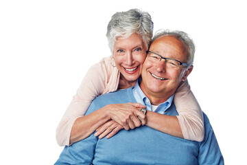 A self caring senior parents embracing on their wedding anniversary isolated on a png background....