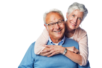 A portrait of a loving and happy senior couple posing with a fondness to be dedicated and together isolated on a png background