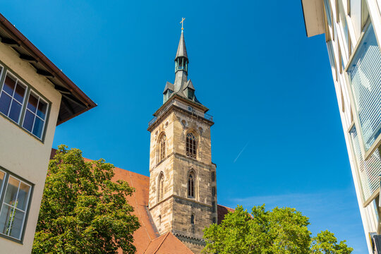 Tower of Stiftskirche under blue sky, Stuttgart, Germany