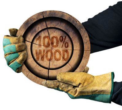 Two hands with protective work gloves holding a cross section of a tree trunk with the short phrase, One Hundred Percent Wood. Isolated on white or transparent background, png.
