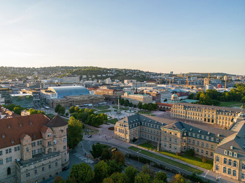 Drone view of New Palace and old castle with modern art museum, Stuttgart, Germany