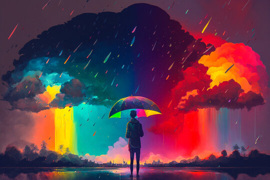 Personne sous la pluie avec un parapluie, face a un arc en ciel, concept des émotions de la vie : joie, tristesse  - Générative IA