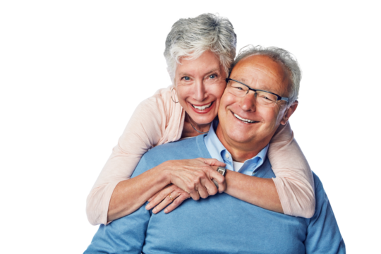 A self caring senior parents embracing on their wedding anniversary isolated on a png background. Affectionate and caring senior concept.
