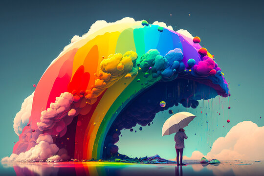 Personne sous la pluie avec un parapluie, face a un arc en ciel, concept des &eacute;motions de la vie : joie, tristesse  - G&eacute;n&eacute;rative IA