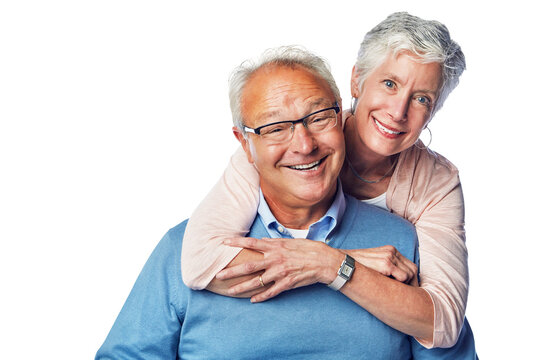 A portrait of a loving and happy senior couple posing with a fondness to be dedicated and together isolated on a png background