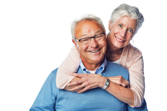 A portrait of a loving and happy senior couple posing with a fondness to be dedicated and together isolated on a png background
