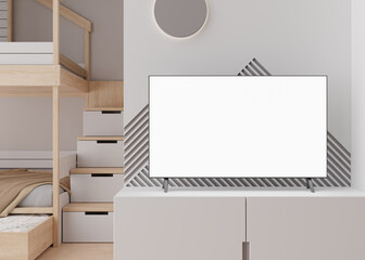 TV mock up in children's room. LED TV with blank white screen. Copy space for advertising, kids movie, app, game presentation. Empty television screen ready for your design. 3D render.