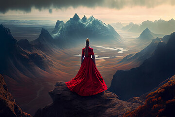 Eine Frau im roten Prinzessinnenkleid auf hohen Bergen: Träume werden wahr inmitten von Schönheit und Freiheit - Generative Ai - obrazy, fototapety, plakaty