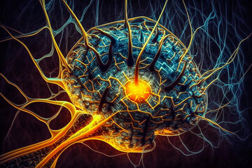 Réseau neuronal avec activité électrique des cellules neuronales. Neuroscience, neurologie, système nerveux et impulsion, activité cérébrale, concepts de microbiologie. Générative IA