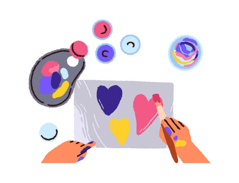 Hand with brush drawing heart on paper with gouache paint, palette, top view. Creative kid holding paintbrush, painting picture for Valentine day, Flat vector illustration isolated on white background