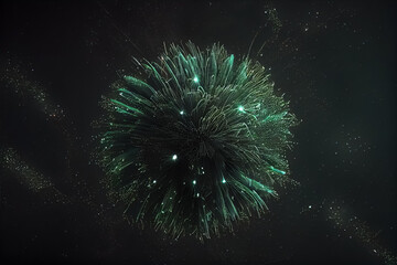 illustration of festive Patrick day Fireworks light green gold emerald bokeh background. AI