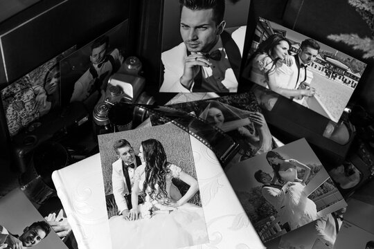 Wedding photo album, concept of old school style, scope of groom and bride. Nostalgia photos