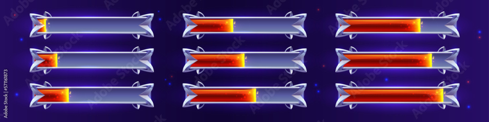 Poster progress bar game interface design isolated set in vector. cartoon level loading speed ui indicator.