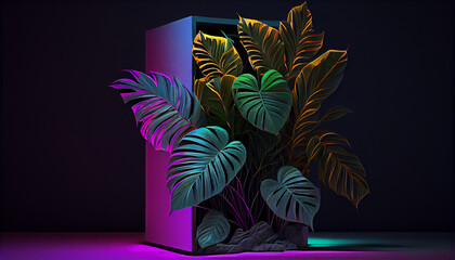 Podium with neon light and spring floral decorations, generated ai