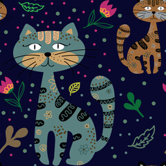 Seamless pattern with decorative flowers and cats. Vector file for designs.