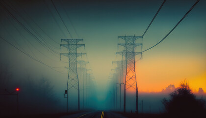 Futuristic landscape power line in the fog