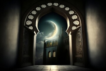 Moon Light Shine Through the Window Into Islamic Made with Generative AI