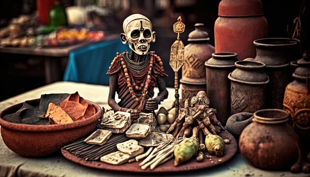 street stall sell Voodoo and witchcraft items, Generative Ai 