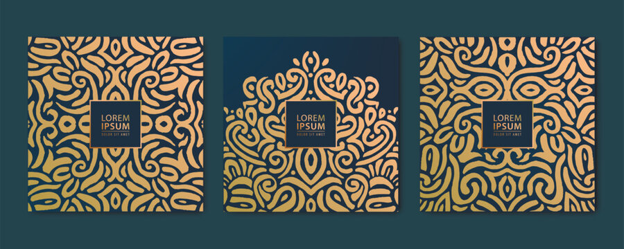 Vector set of luxury golden ornament cards, hand drawn floral motif. Use for invitation, wine label, perfume package, thank you card, etc. Square shape vintage design.