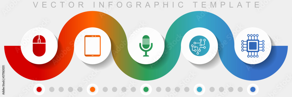 Aufkleber Technology infographic vector template with icon set, miscellaneous icons such as computer mouse, tablet, microphone, chip and cpu for webdesign and mobile applications