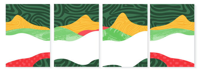 Abstract oriental farm field collage background. Japanese mountain poster template. Farmland landscape vector illustration with texture. Asian decorative A4 poster, eco design, green rural template