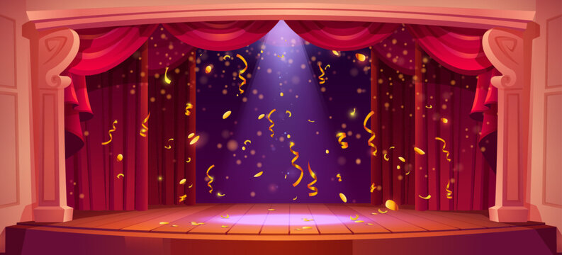 Theater stage with red curtain, light and confetti vector cartoon background. Spotlight on retro scene podium illustration. Theatre wide game design with glitter sparkle. Vintage showtime banner.
