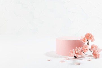 Romantic spring scene with pink cylinder podium mockup and twig of lush pink sakura flowers, petals in sunlight on white wood background, template for presentation cosmetic products, goods, branding.