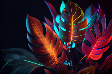 illustration of neon tropical theme with palm tree and exotic floral. ai