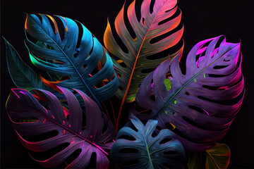 illustration of neon tropical theme with palm tree and exotic floral. ai