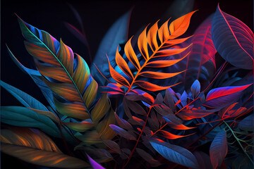 illustration of neon tropical theme with palm tree and exotic floral. ai