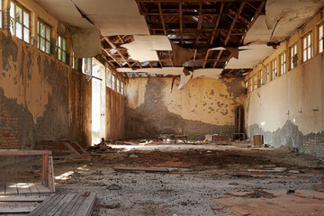 Old destroyed and damaged room in the obsolete building. War and damage concept