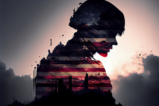 ullustration of multiple exposure silhouette soldier and american flag . AI