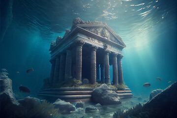 Illustration of the ruins of the Atlantis civilization. Underwater ruins AI