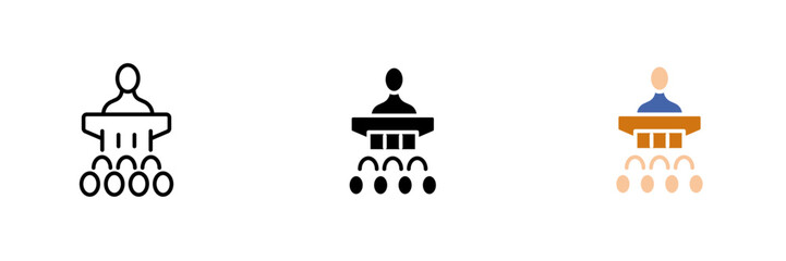 A politician gives a speech to an audience. Polling station, voting, presidential election, bulletin. Vector set of icons in line, black and colorful styles isolated on white background.