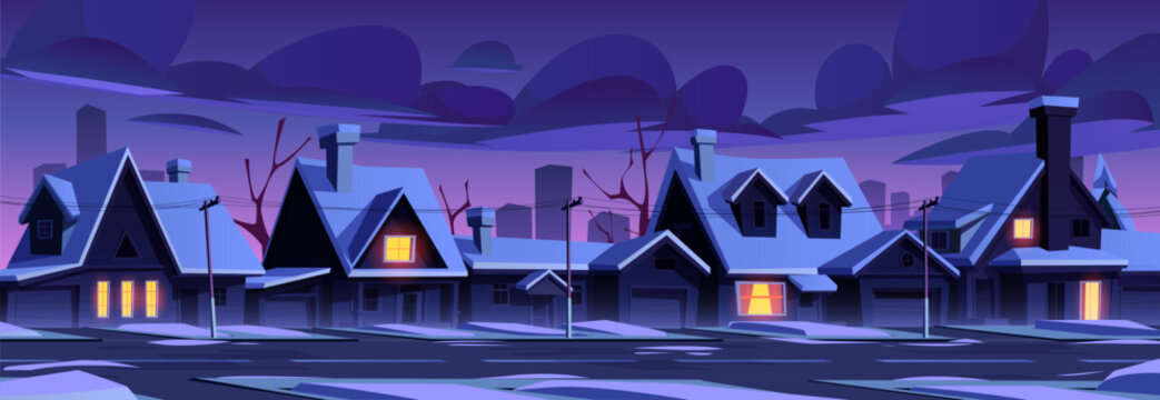 City Neighborhood With Street, Houses And Snow At Night. Winter Landscape Of Suburban District With Cottages, Residential Buildings And Road, Vector Cartoon Illustration