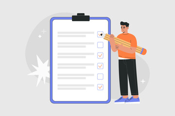 Man holding a big pencil and making notes on a checklist fixed to clipboard. Successful completion of business tasks. Vector illustration isolated on background in flat cartoon style
