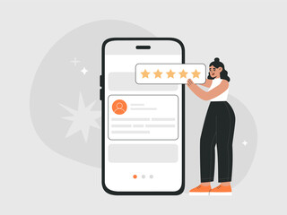 Young woman with five stars giving feedback review in mobile app. Customer satisfaction rating, consumer online survey. Hand drawn vector illustration isolated on light background, flat cartoon style