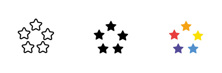 Five Stars. Rating, review, Michelin stars, restaurant and hotel business. Vector set of icons in linear, black and red styles isolated on a white background.