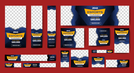 Esports Tournament Banner templates with standard size and place for photos. Online games advertising layout. Vertical, horizontal and square template © ahmad