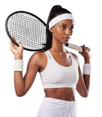 A female tennis player with a racket practicing to play a sports match. Fit, active and...