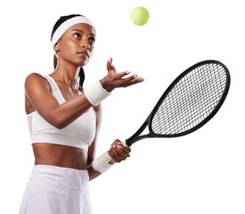 A confident professional female tennis player in attitude holding a racket and ready for a game. Sporty, active and healthy athlete preparing for a serious competition isolated on a png background. - obrazy, fototapety, plakaty