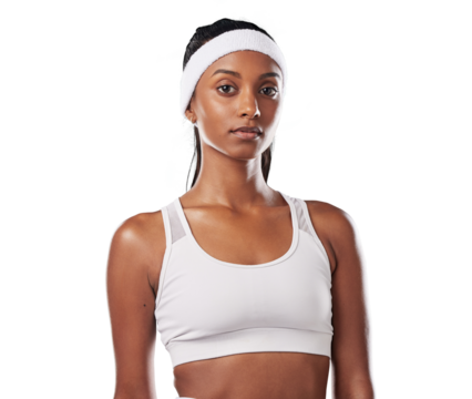 Motivation, focus and success mindset of a woman tennis coach. Indian female sports player ready to start thinking about fitness and exercise training isolated on a png background.