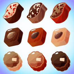 Set of nine objects for interface design. Bright sweets with filling. Cute cartoon sweets. Red, milk, white chocolate.Templates for mobile games.