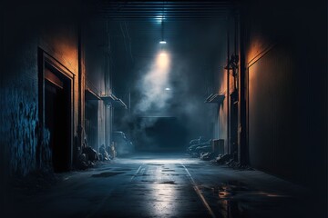 A dark empty street, dark blue background, an empty dark scene, and flames are burning,The asphalt floor with smoke float up the interior texture. night view