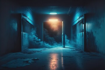 A dark empty street, dark blue background, an empty dark scene, and flames are burning,The asphalt floor with smoke float up the interior texture. night view - obrazy, fototapety, plakaty