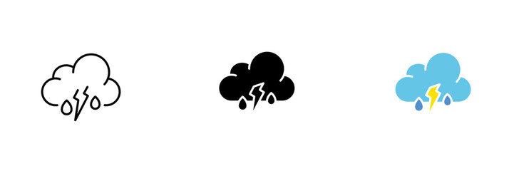 Lightning icon on the background of clouds. Precipitation, rain, weather forecast, television broadcast. Vector set of icons in linear, black and red styles isolated on a white background.
