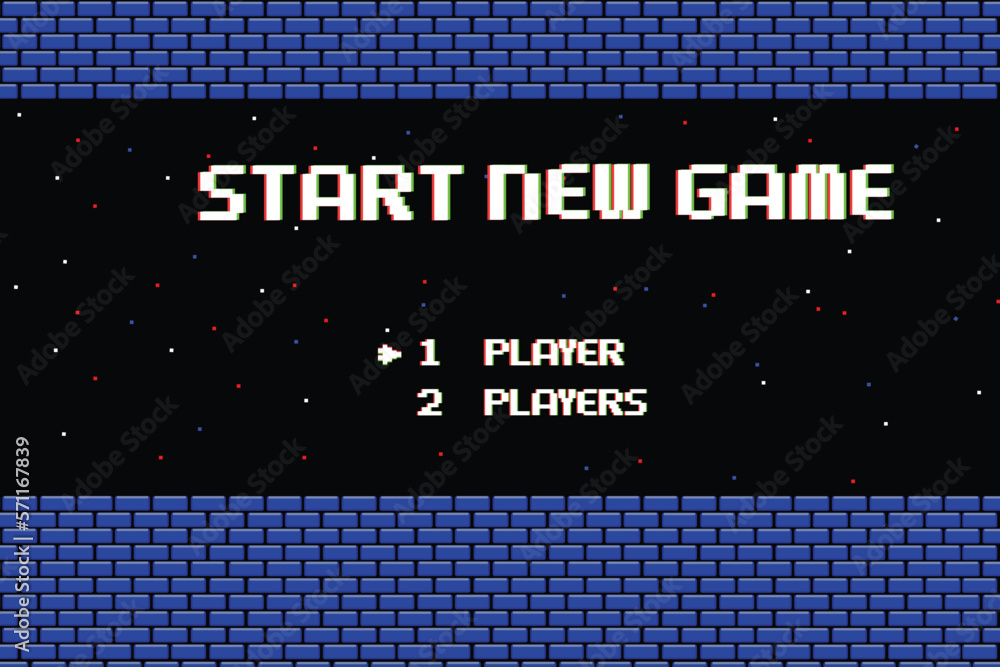 Aufkleber pixel art phrase new game and start. retro game interface