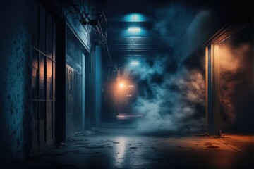 A dark empty street, dark blue background, an empty dark scene, and flames are burning,The asphalt floor with smoke float up the interior texture. night view