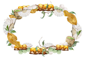 Watercolor hand drawn traditional Japanese sweets. Circle wreath of wagashi, taiyaki, tea, leaves. Isolated on white background. Design for invitations, restaurant menu, greeting cards, print, textile